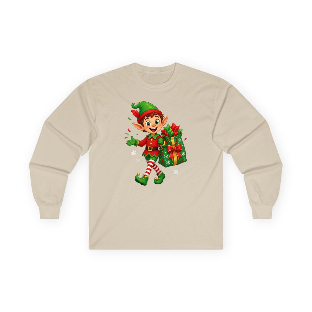 Cheerful Elf With Gift Sack personalised long sleeve Christmas T-shirt in sand