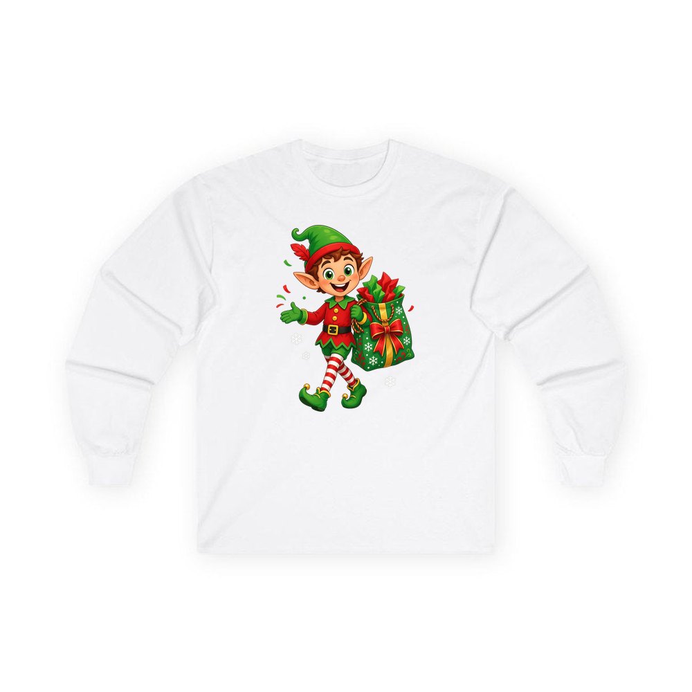 Cheerful Elf With Gift Sack personalised long sleeve Christmas T-shirt in white