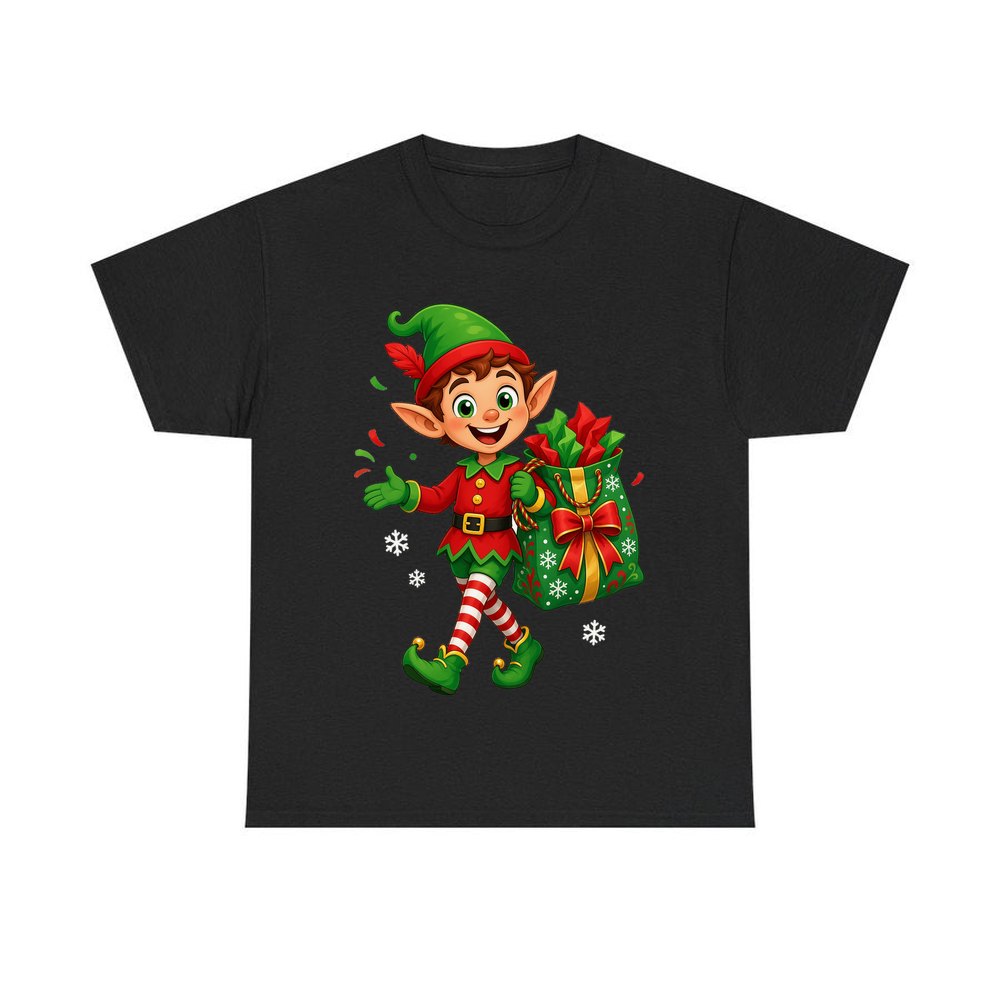 Cheerful Elf With Gift Sack personalised Christmas T-shirt in black