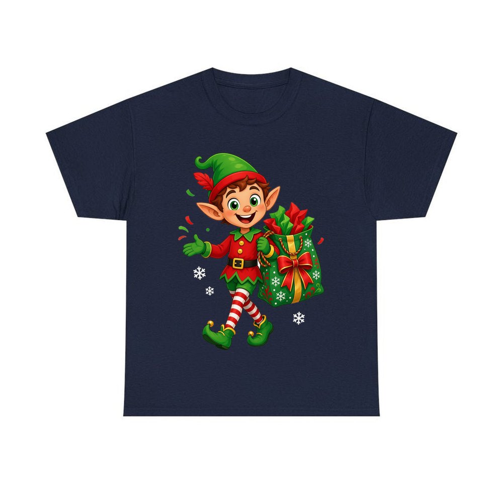 Cheerful Elf With Gift Sack personalised Christmas T-shirt in navy