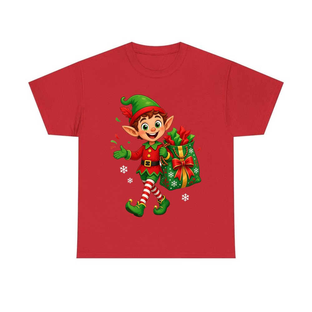 Cheerful Elf With Gift Sack personalised Christmas T-shirt in red