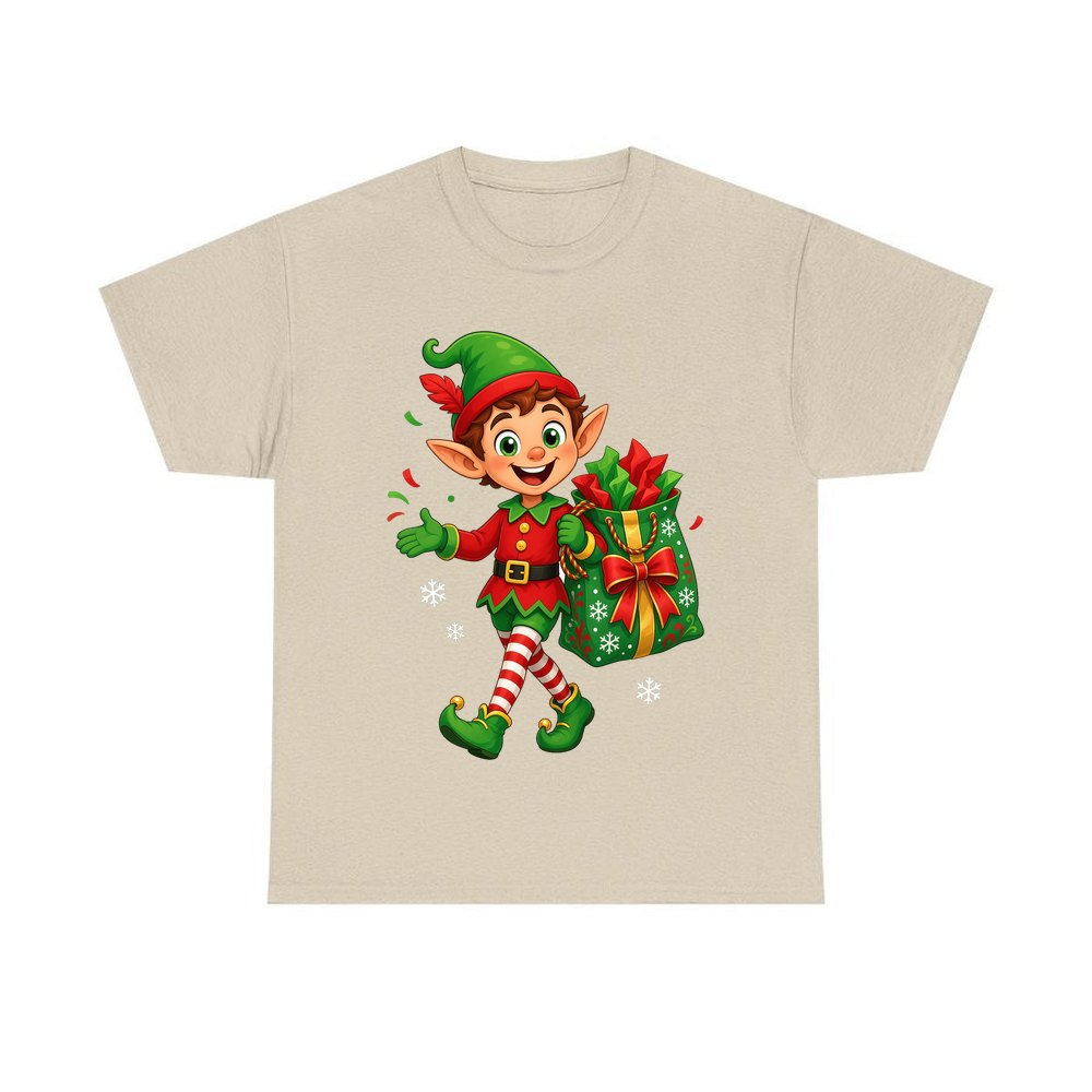 Cheerful Elf With Gift Sack personalised Christmas T-shirt in sand