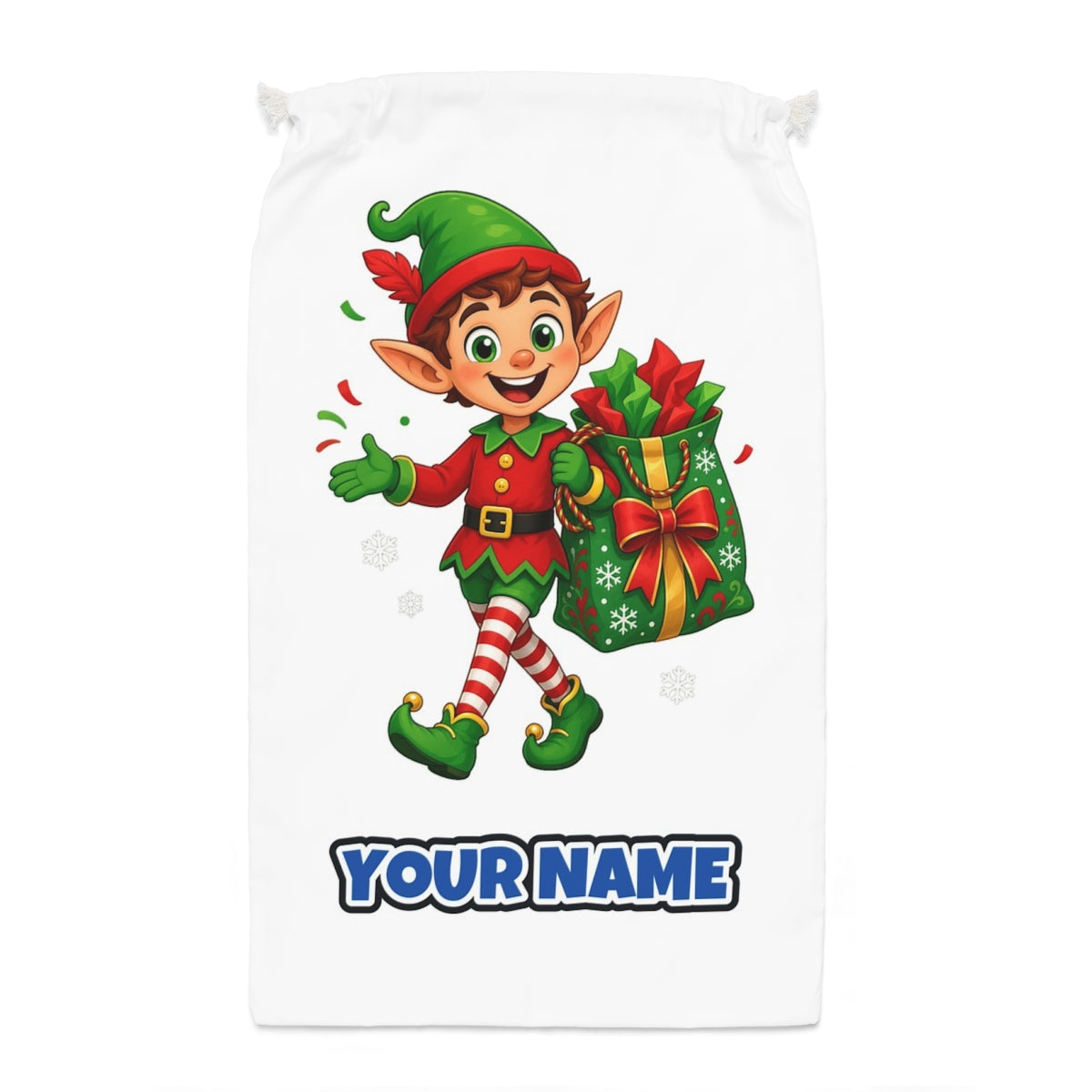 Cheerful Elf With Gift Sack Santa sack laid flat, showing the full print