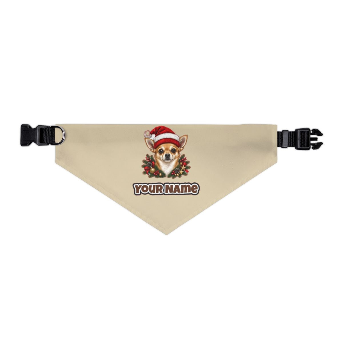 Chihuahua personalised Christmas pet bandana in beige, collar with buckle