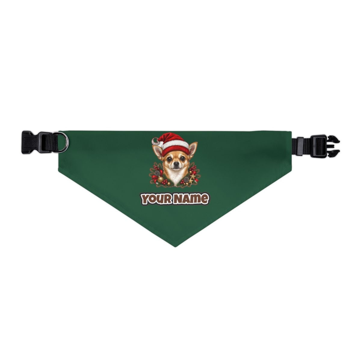 Chihuahua personalised Christmas pet bandana in green, collar with buckle