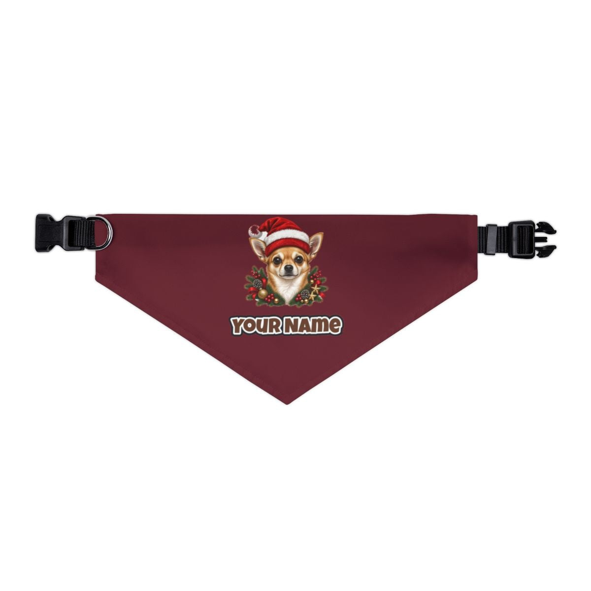 Chihuahua personalised Christmas pet bandana in maroon, collar with buckle
