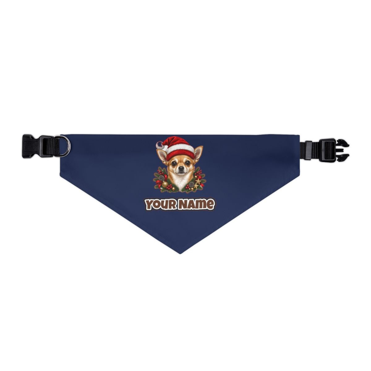 Chihuahua personalised Christmas pet bandana in navy, collar with buckle