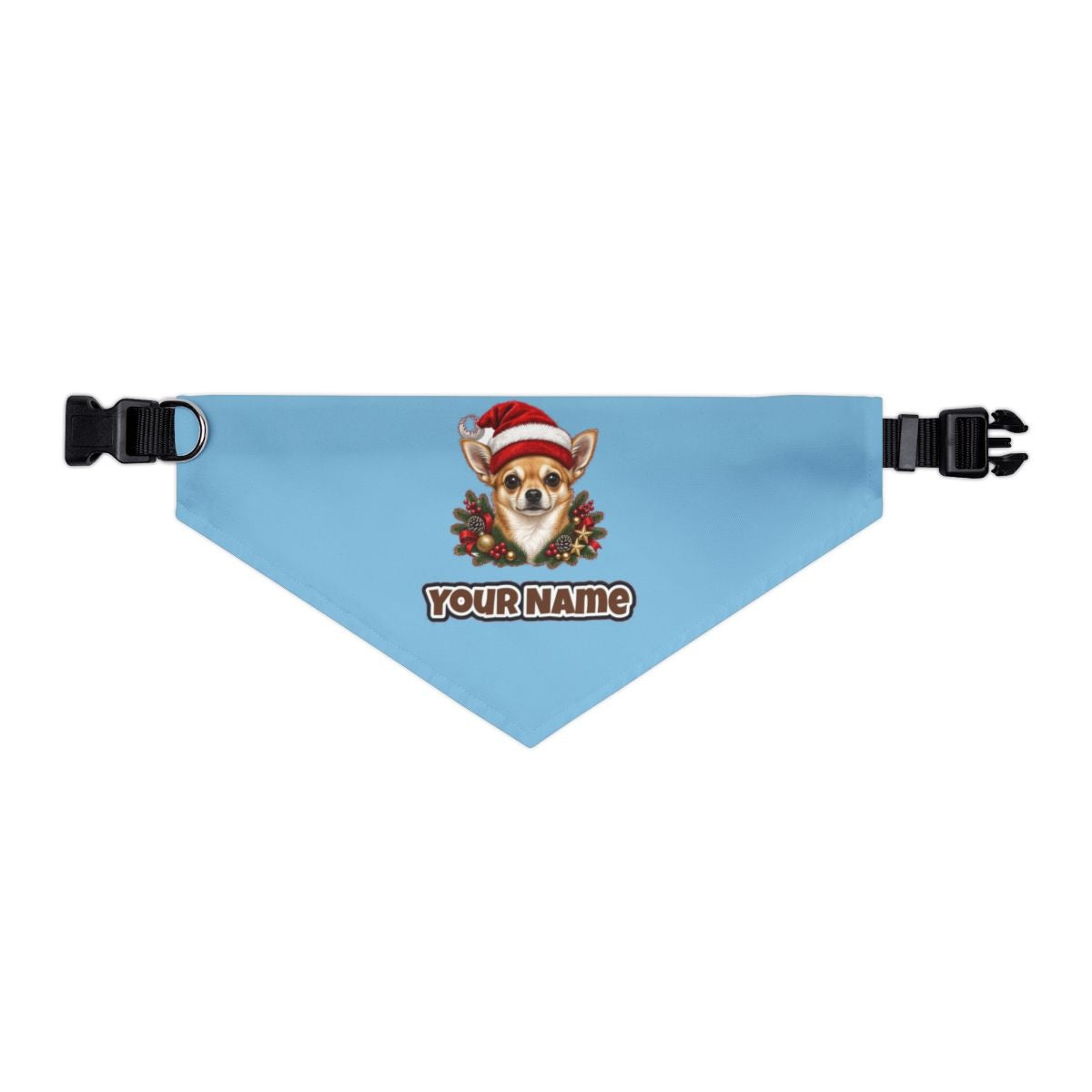 Chihuahua personalised Christmas pet bandana in sky blue, collar with buckle