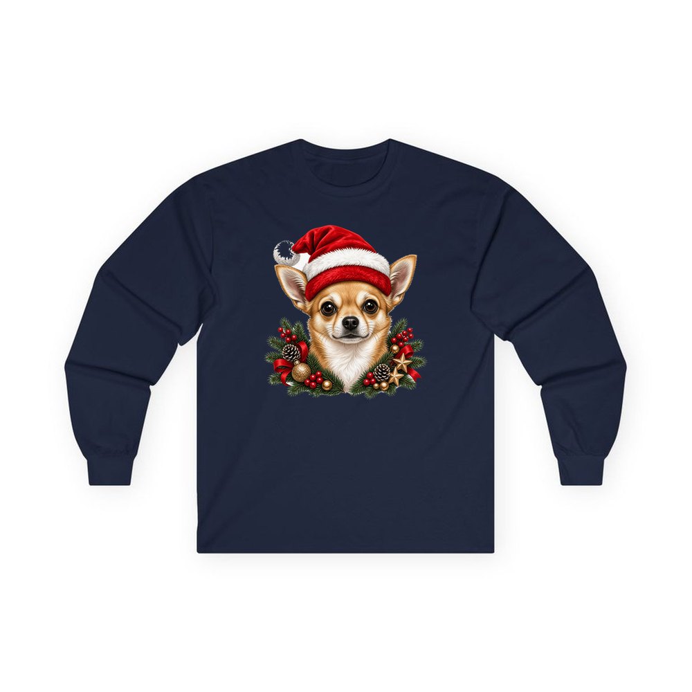 Chihuahua personalised long sleeve Christmas T-shirt in navy