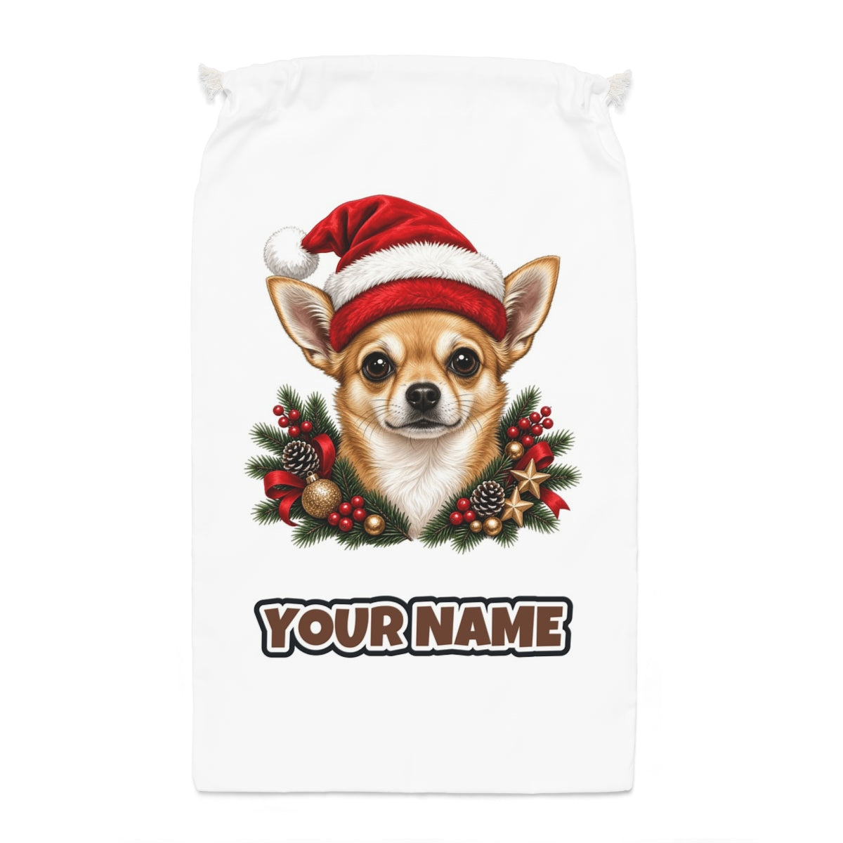 Chihuahua Santa sack laid flat, showing the full print