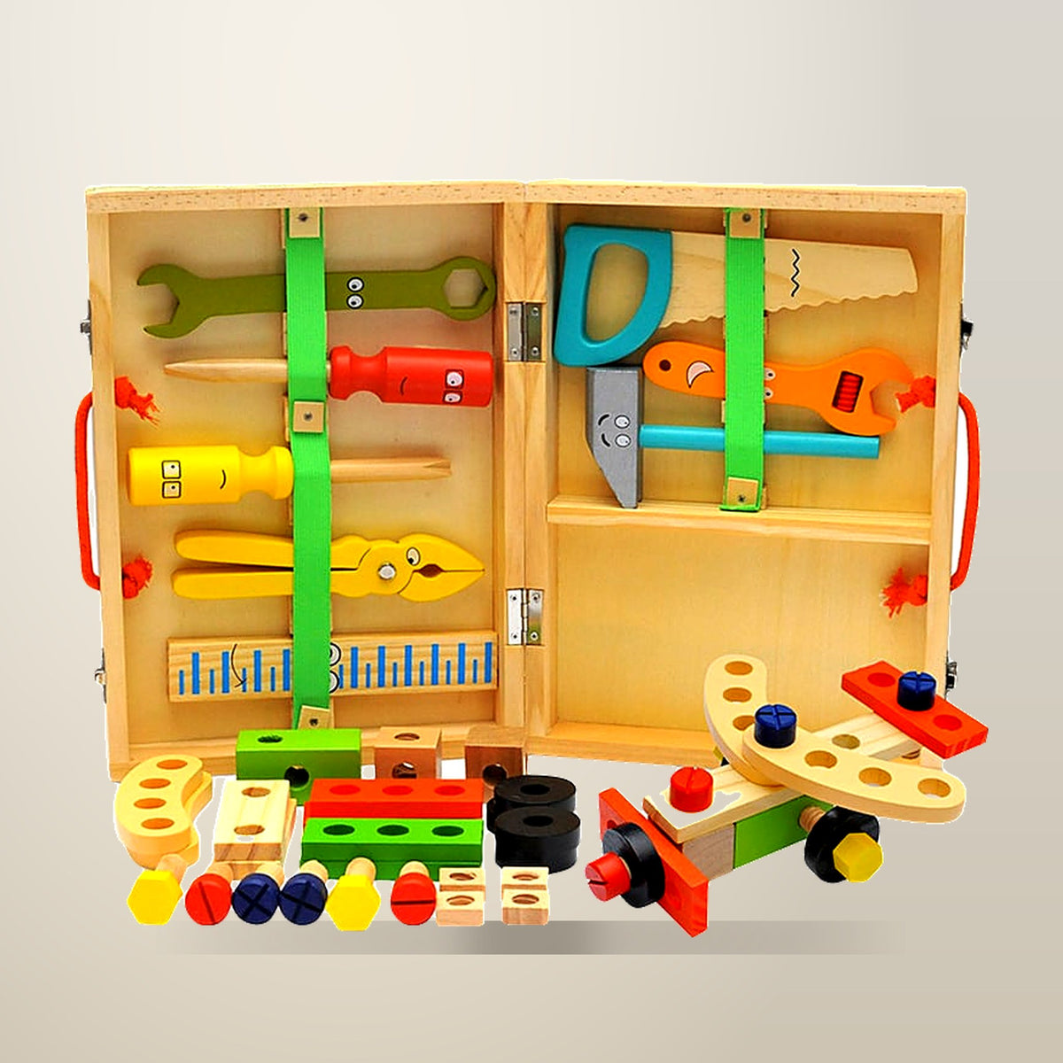Funyards Wooden Toolbox Toy Set, 8 Tools, on a plain cream background