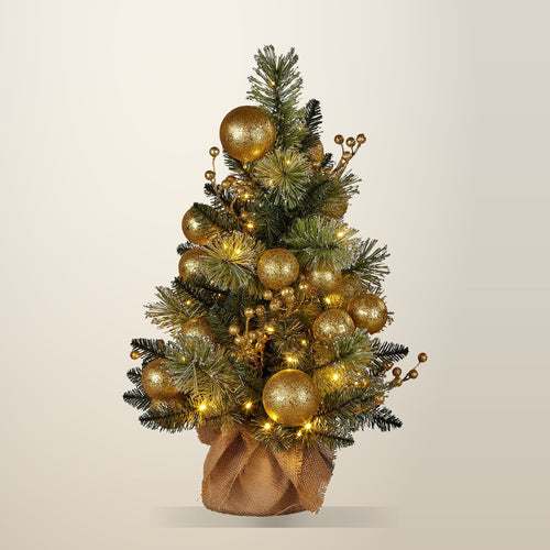 Christabelle Gold Tabletop Tree with Warm LED Lights, Battery Operated, 61 cm, on a plain cream background