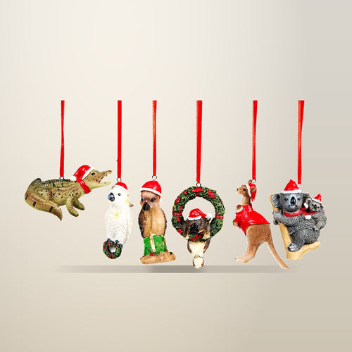 Christabelle Aussie Animals Tree Decorations, Box of 6, on a plain cream background