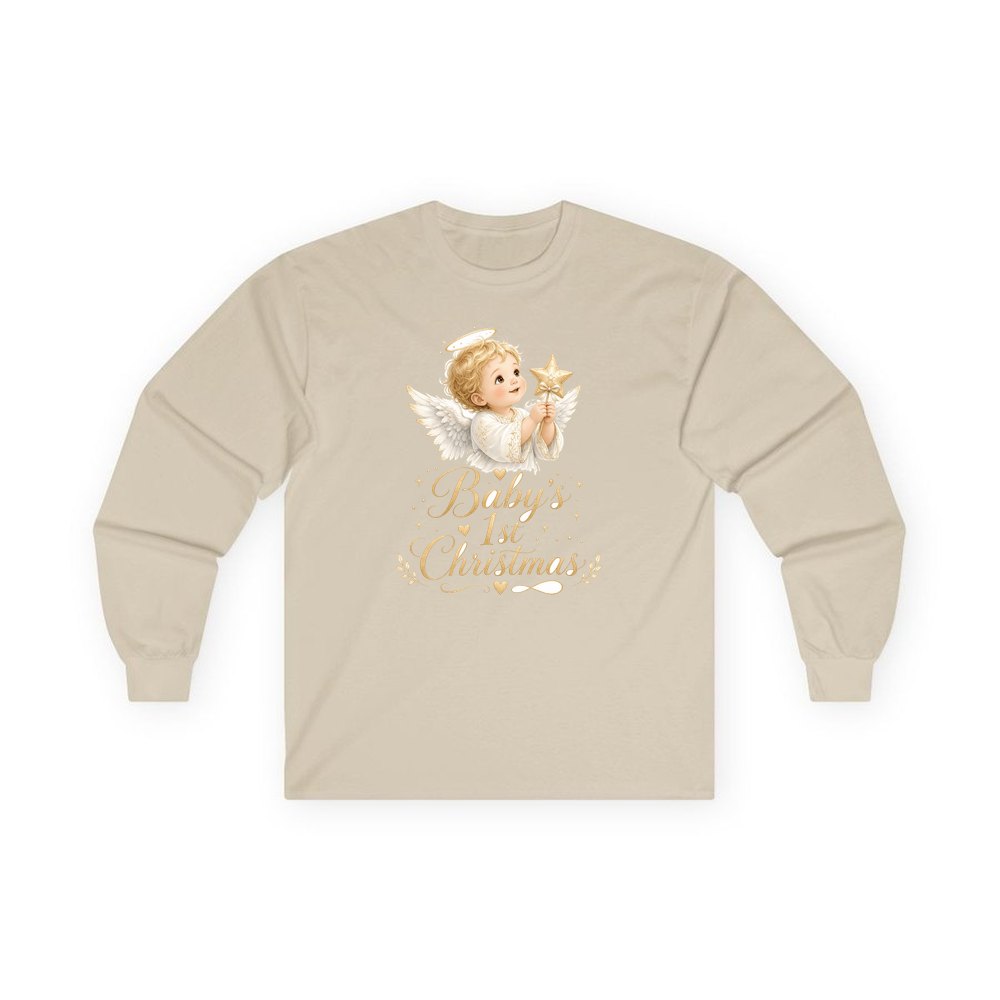 Christmas Angel Baby personalised long sleeve Christmas T-shirt in sand