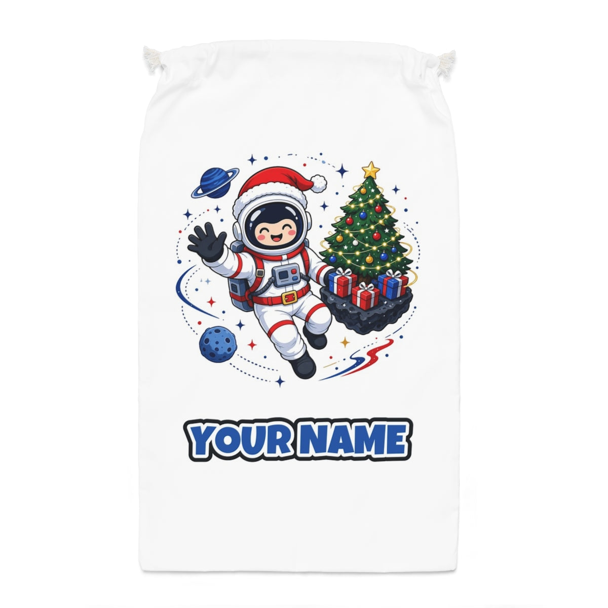 Christmas Astronaut in Space Santa sack laid flat, showing the full print