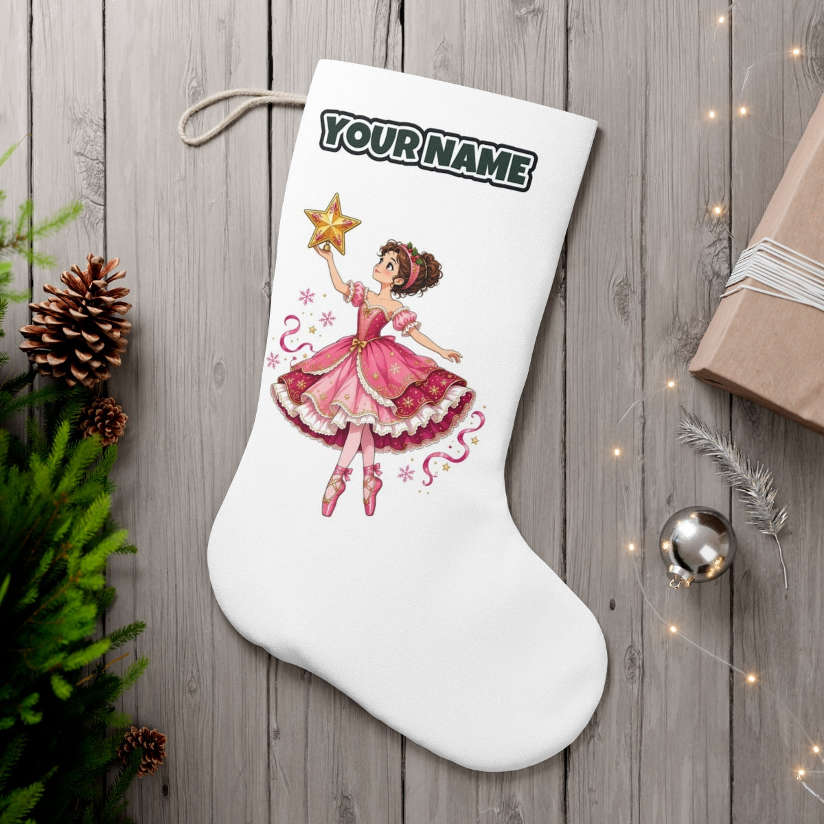 Christmas Ballerina and Star personalised Christmas stocking, white, with the name across the top