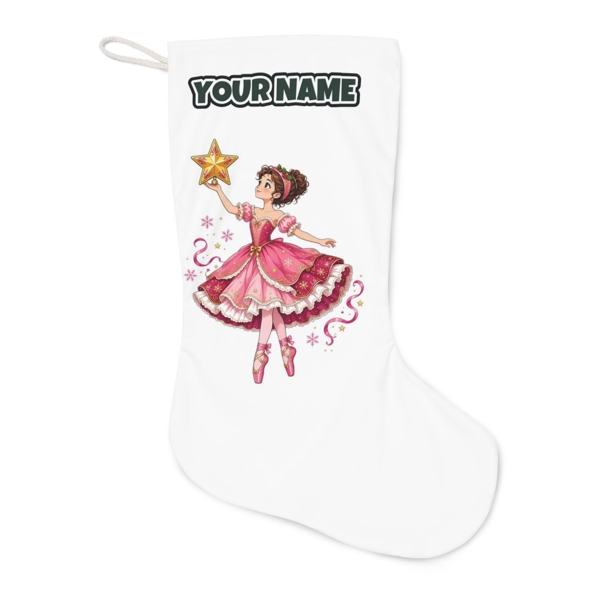 Christmas Ballerina and Star Christmas stocking laid flat, showing the full print