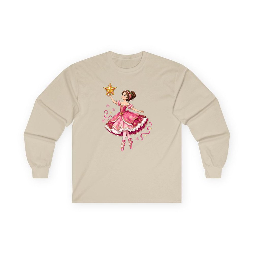 Christmas Ballerina and Star personalised long sleeve Christmas T-shirt in sand