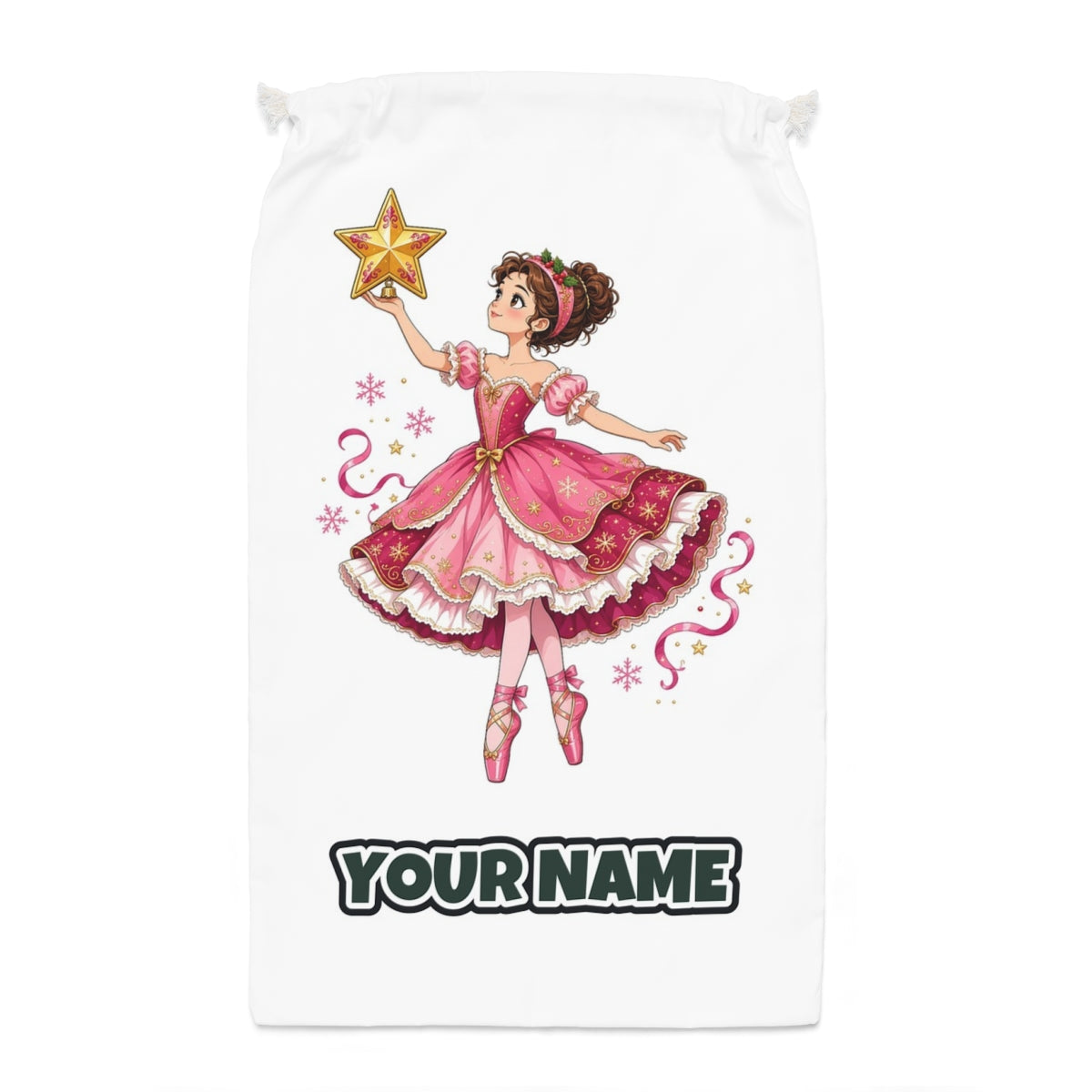 Christmas Ballerina and Star Santa sack laid flat, showing the full print