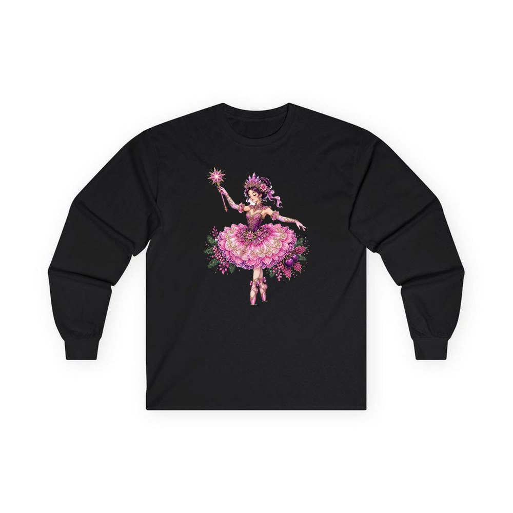 Christmas Ballerina In Pink personalised long sleeve Christmas T-shirt in black