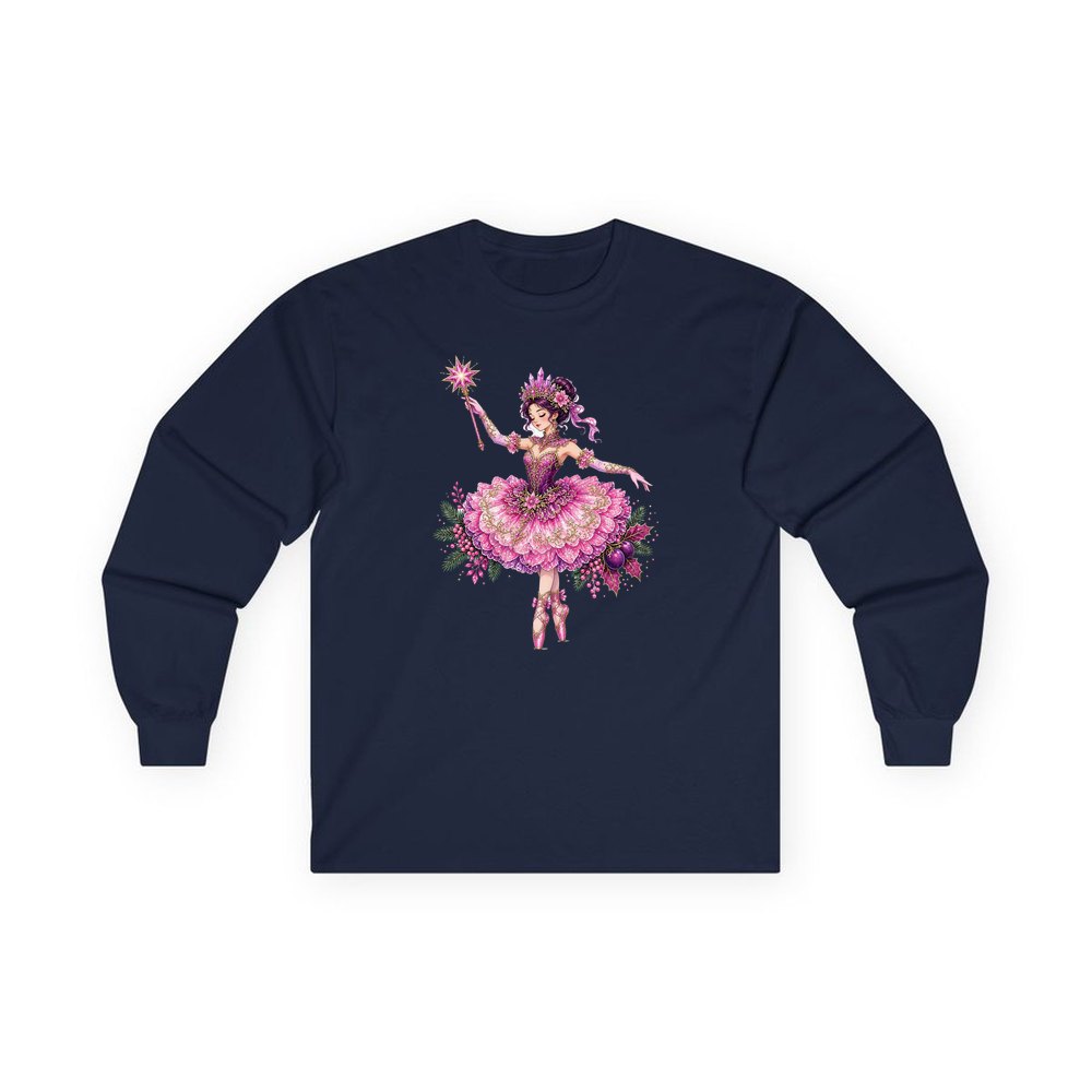 Christmas Ballerina In Pink personalised long sleeve Christmas T-shirt in navy