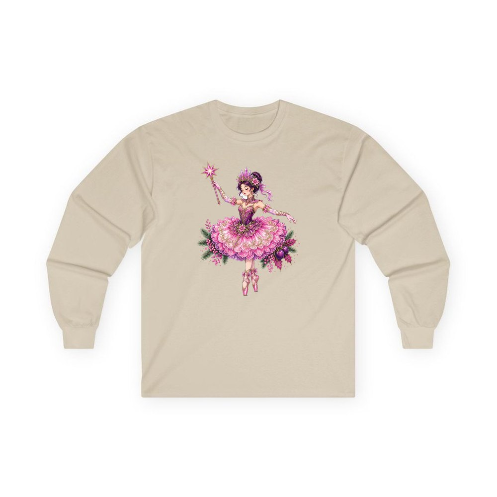 Christmas Ballerina In Pink personalised long sleeve Christmas T-shirt in sand