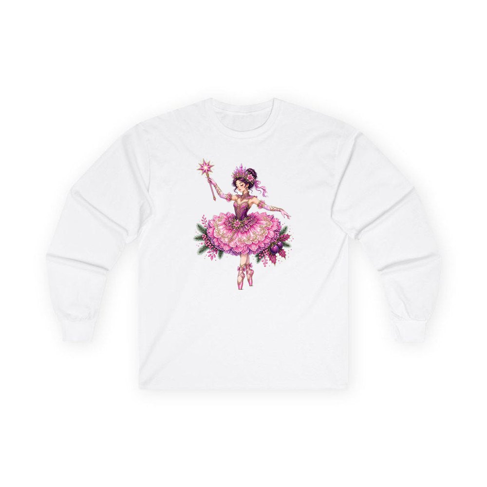 Christmas Ballerina In Pink personalised long sleeve Christmas T-shirt in white