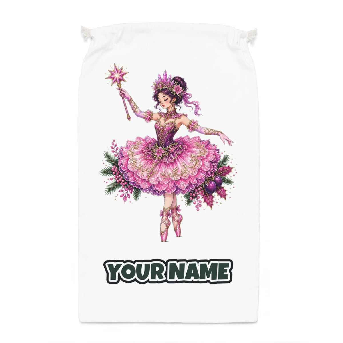 Christmas Ballerina In Pink Santa sack laid flat, showing the full print