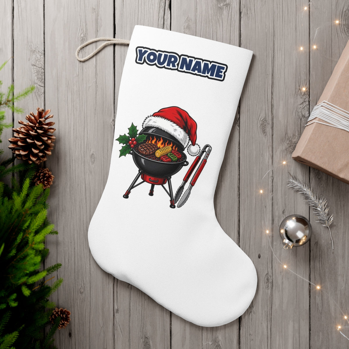 Christmas Barbecue And Tongs personalised Christmas stocking, white, with the name across the top