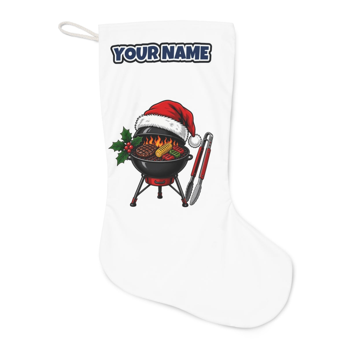 Christmas Barbecue And Tongs Christmas stocking laid flat, showing the full print