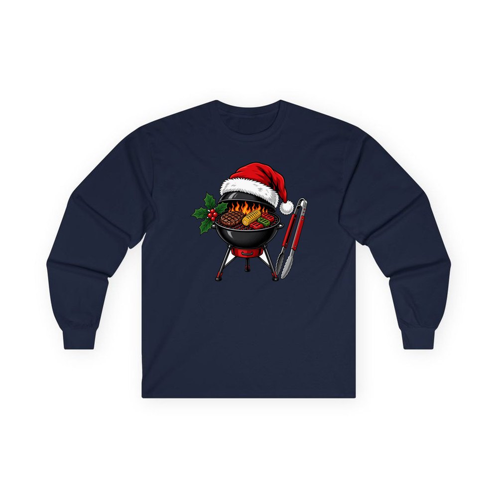 Christmas Barbecue And Tongs personalised long sleeve Christmas T-shirt in navy