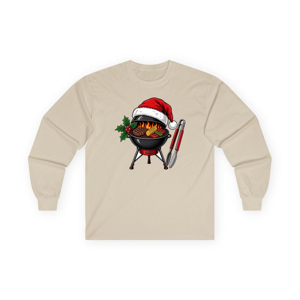 Christmas Barbecue And Tongs personalised long sleeve Christmas T-shirt in sand