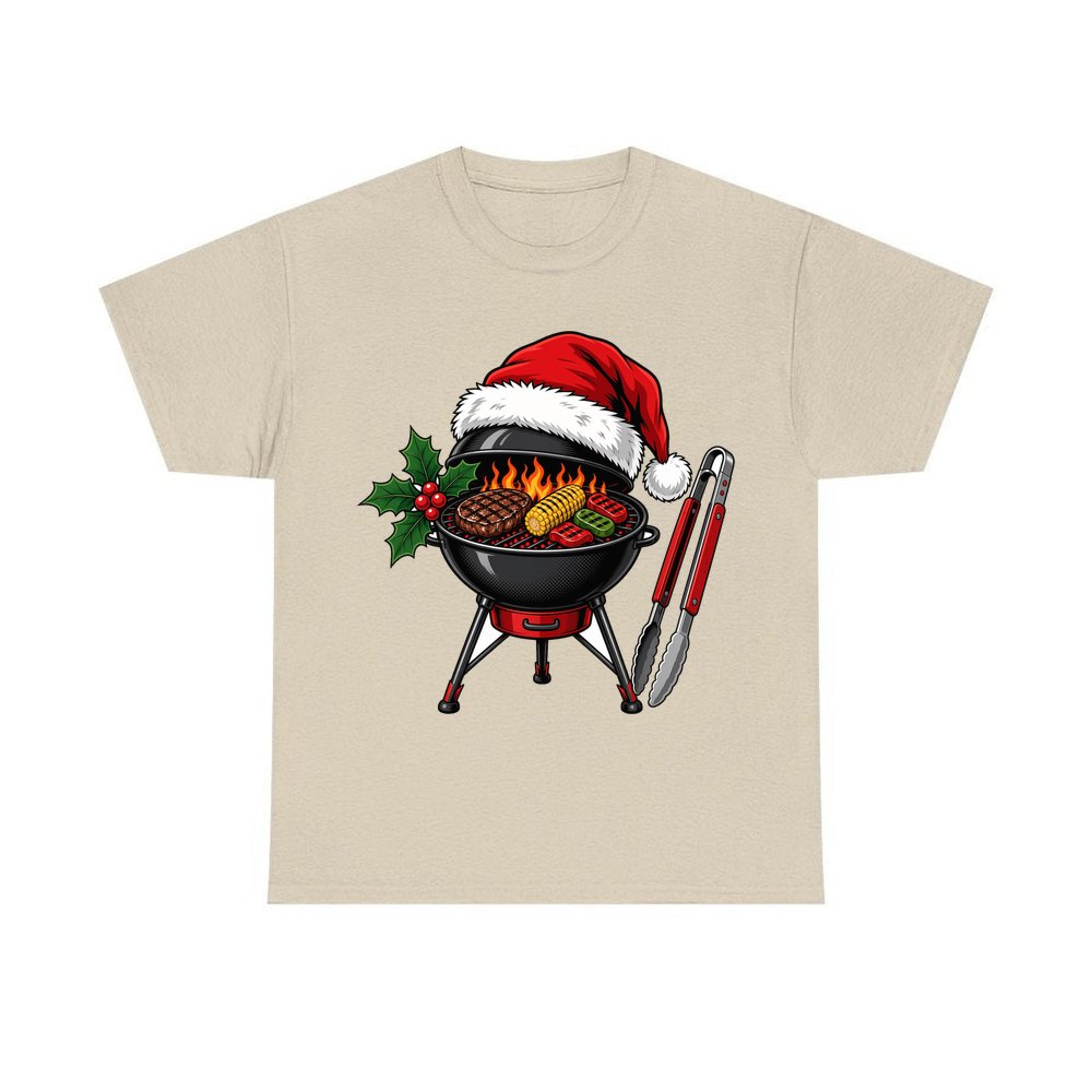 Christmas Barbecue And Tongs personalised Christmas T-shirt in sand