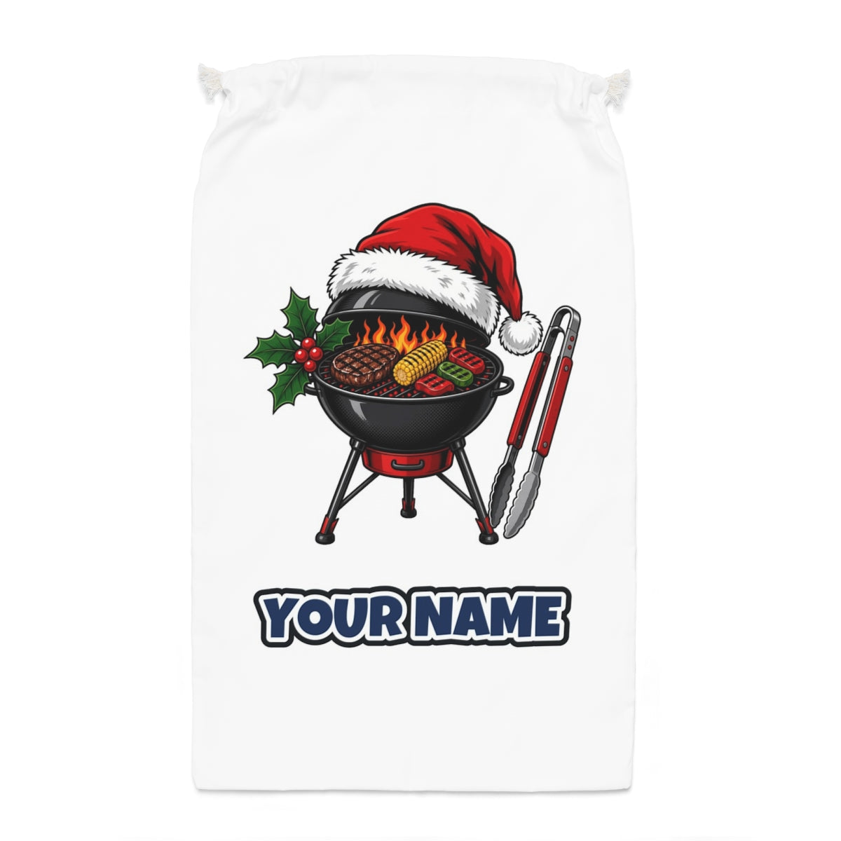 Christmas Barbecue And Tongs Santa sack laid flat, showing the full print
