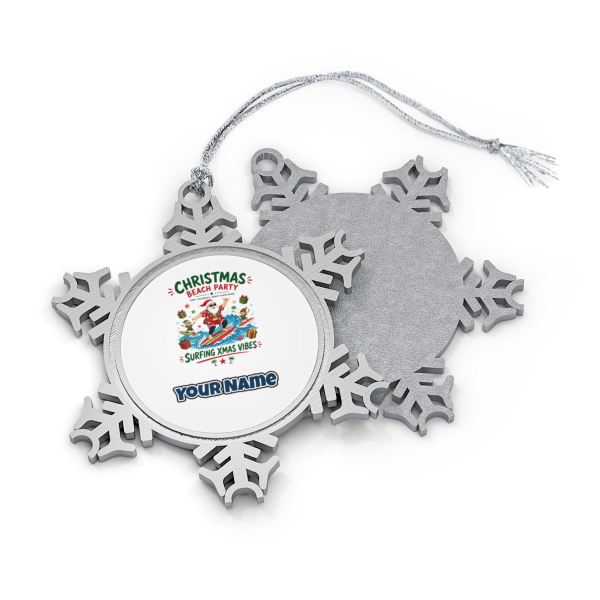 Christmas Beach Party personalised pewter snowflake Christmas ornament, front and back, with a name under the design