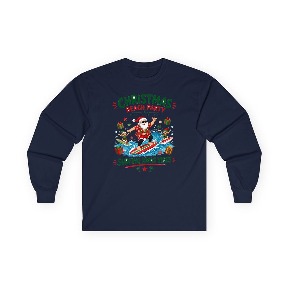 Christmas Beach Party personalised long sleeve Christmas T-shirt in navy