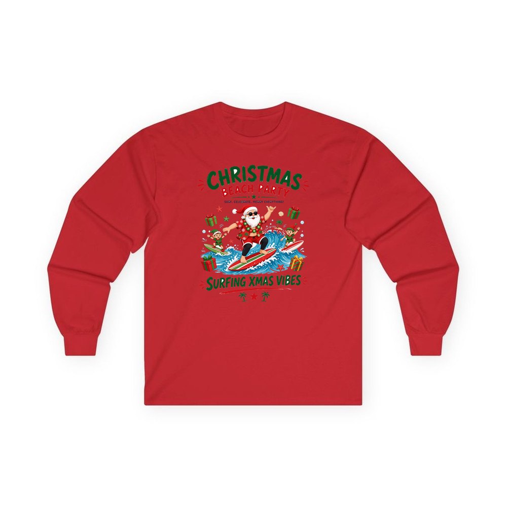 Christmas Beach Party personalised long sleeve Christmas T-shirt in red