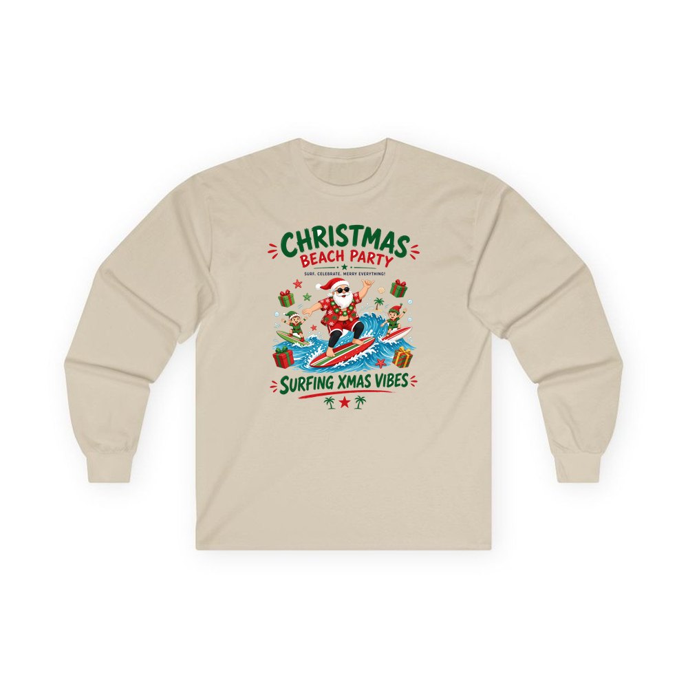 Christmas Beach Party personalised long sleeve Christmas T-shirt in sand
