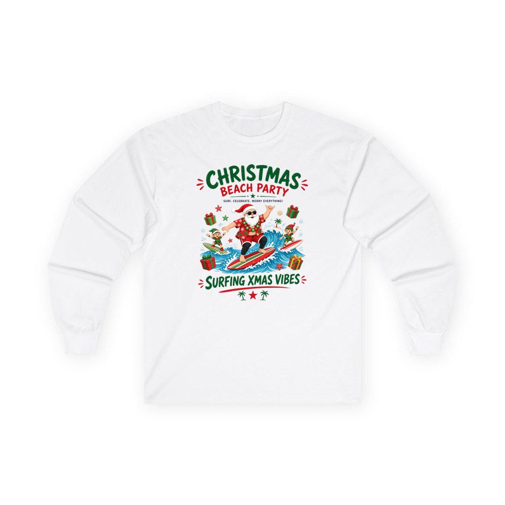 Christmas Beach Party personalised long sleeve Christmas T-shirt in white