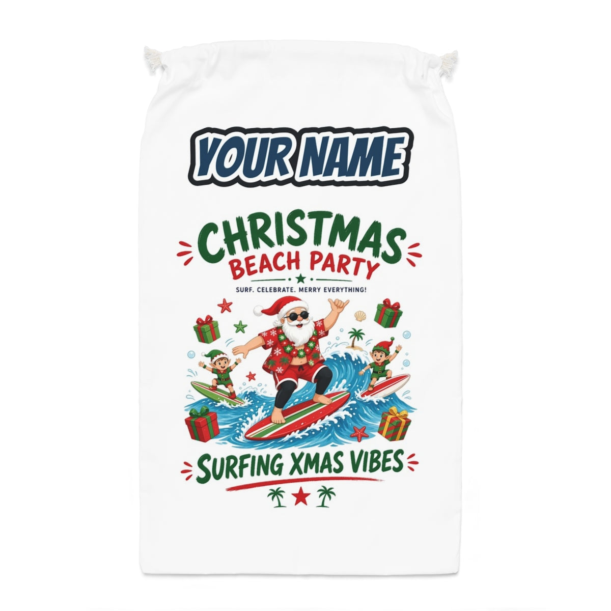 Christmas Beach Party Santa sack laid flat, showing the full print