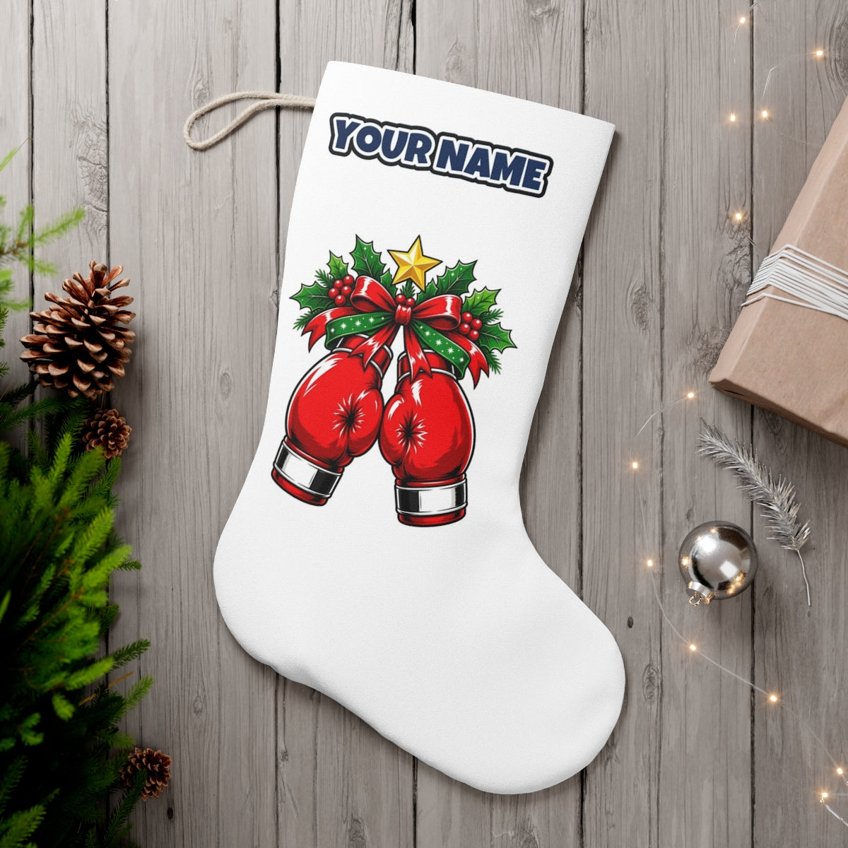 Christmas Boxing Gloves personalised Christmas stocking, white, with the name across the top