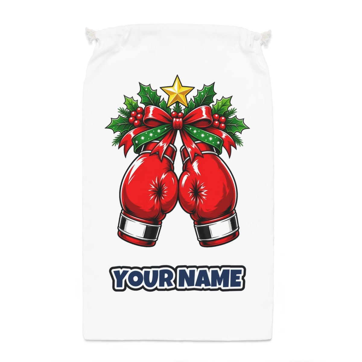 Christmas Boxing Gloves Santa sack laid flat, showing the full print
