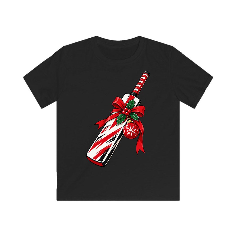 Christmas Cricket Bat personalised kids Christmas tee in black