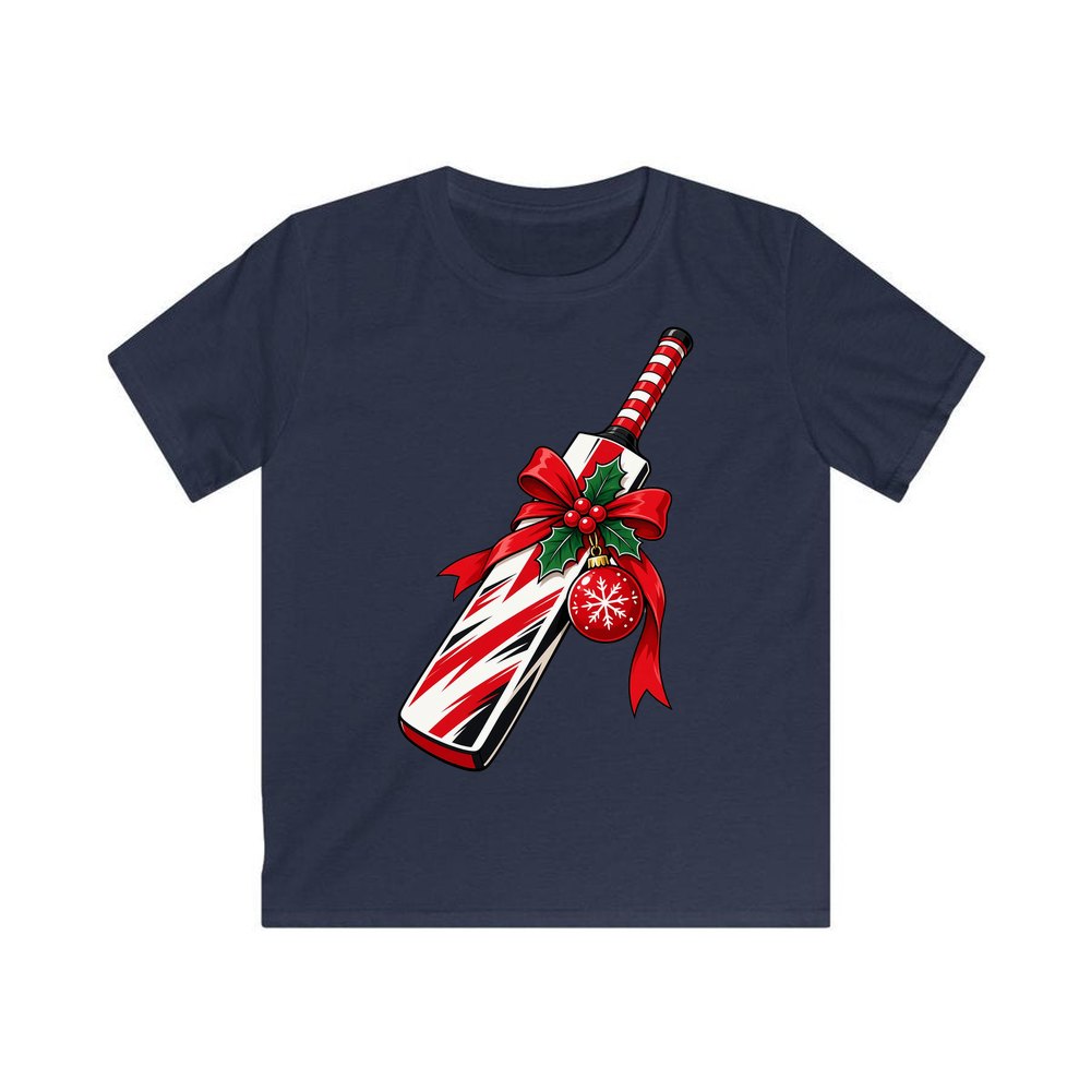 Christmas Cricket Bat personalised kids Christmas tee in navy