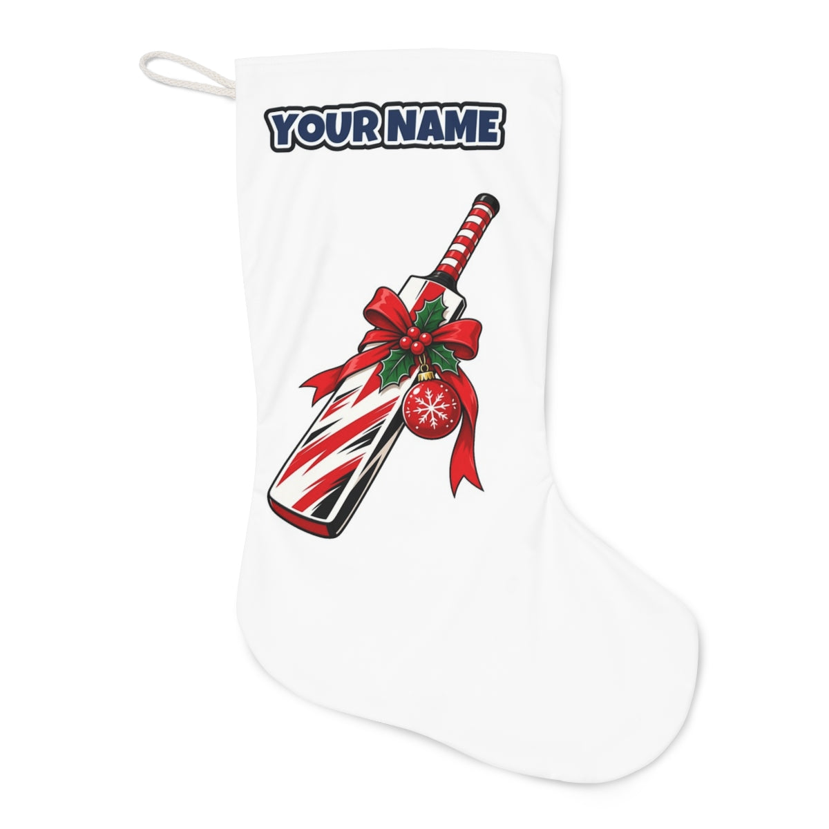 Christmas Cricket Bat Christmas stocking laid flat, showing the full print