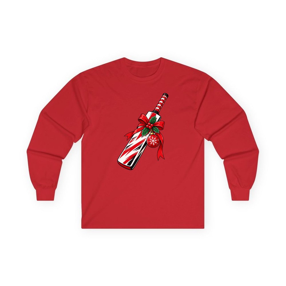 Christmas Cricket Bat personalised long sleeve Christmas T-shirt in red