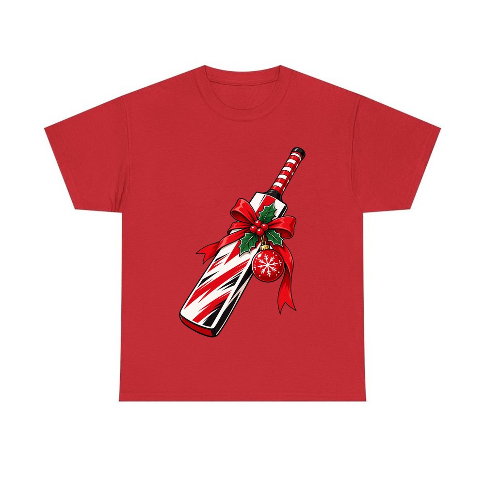 Christmas Cricket Bat personalised Christmas T-shirt in red