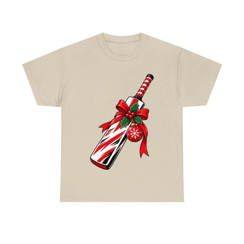 Christmas Cricket Bat personalised Christmas T-shirt in sand