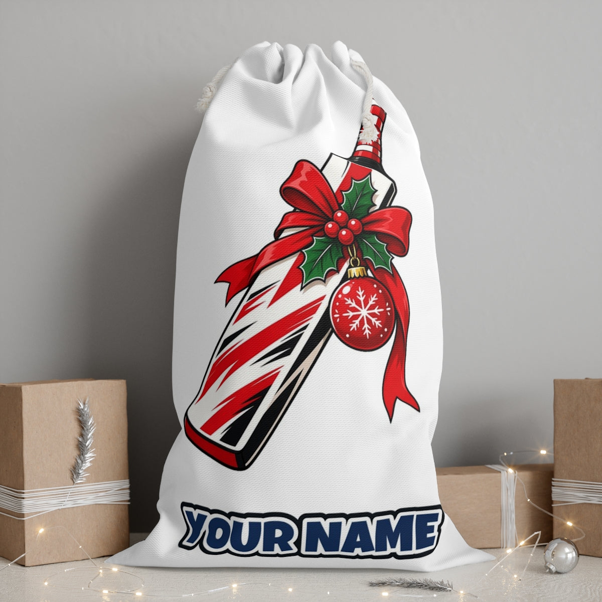 Christmas Cricket Bat personalised Santa sack, white, with the name printed under the artwork