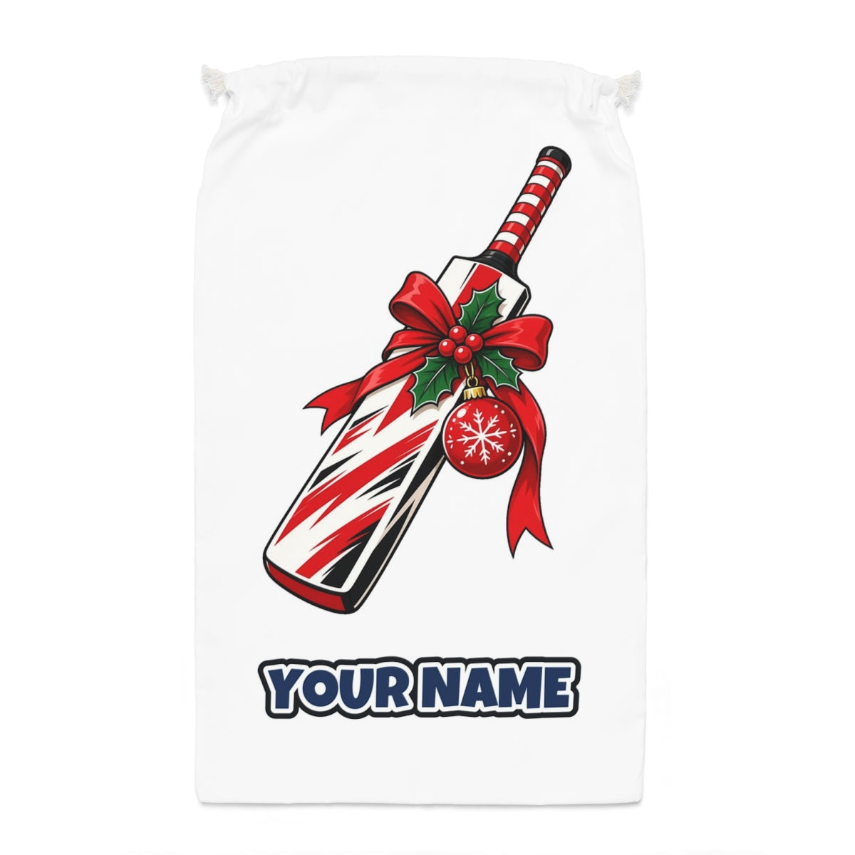 Christmas Cricket Bat Santa sack laid flat, showing the full print